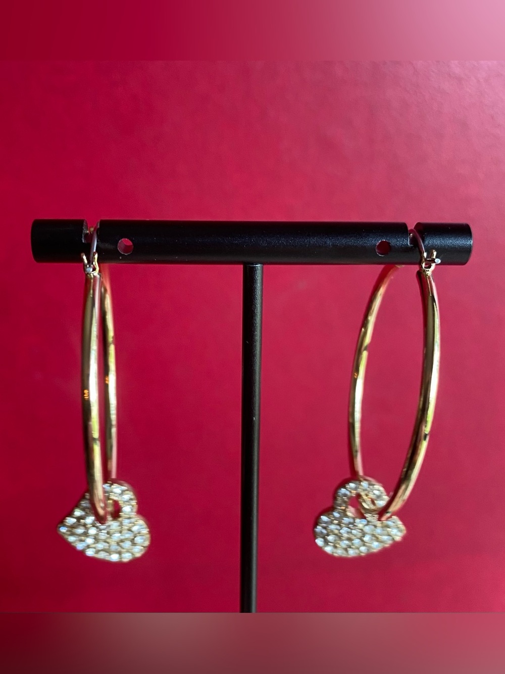 Fun Fashion Gold Hoop Earrings with Pave Crystal Heart Charms just under 2”
